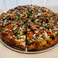 Curry Veggie Delight-Medium · Organic Spicy Curry Sauce, Mozzarella Cheese, Mushrooms, Bell Peppers, Olives, Red Onions, D...