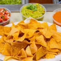 Chips and Salsa · Corn chips, choice of 8oz  green salsa, red salsa or pico de Gallo.