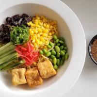 Vegetarian Cold Ramen with Tofu · Ramen noodle with soy and sesame sauce,Tofu , pickle ginger, edamame, sesame seed, corn, sea...