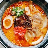 Spicy Tonkotsu Ramen · Rich and creamy broth with red hot chili oil, chashu (marinated pork belly), soft boiled egg...
