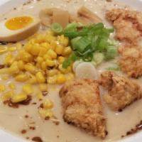 Kara-age Tonkotsu Ramen · Fresh Thin noodle in rich and creamy broth with Chicken Kara-age , soft boiled egg, scallion...