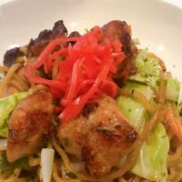Chicken Yaki Soba · Stir-fried noodle with chicken, carrot, cabbage, scallion and pickled ginger on the side.