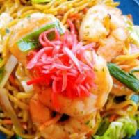 Shrimp Yaki Soba · Stir-fried noodle with shrimp, carrot, cabbage, scallion and pickled ginger on the side.