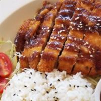 Chicken katsu · Crispy panko chicken cutlet with tonkatsu sauce (sweet, tangy, fruity). with Cabbage salad