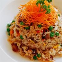 Chahan Fried Rice · Chashu (marinated pork belly), pickled ginger, Japanese rice, sake, soy sauce, egg, scallion.