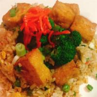 Tofu Fried Rice · Fried Tofu), pickled ginger, Japanese rice, sake, soy sauce, egg, scallion, broccoli, and ca...
