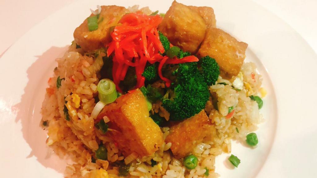Tofu Fried Rice · Fried Tofu), pickled ginger, Japanese rice, sake, soy sauce, egg, scallion, broccoli, and carrot
