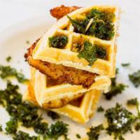Chicken N' Waffle · Crispy waffle layered with battered dipped chicken and kale chips. Drizzled with caramel cre...