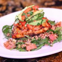 Blackened Salmon · Grilled salmon garnished with an avocado salsa, served with mashed potatoes and grilled aspa...