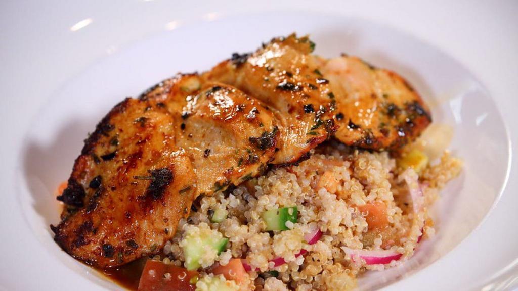 Herb Roasted Chicken · Gluten-free. Roasted chicken breast with house herb rub cooked to perfection, served with heirloom tomatoes, cucumber, red onions, and quinoa with Italian vinaigrette. Under 680 calories.