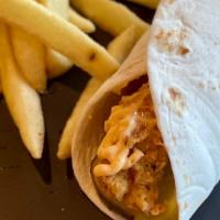 Crispy Chicken Wrap · Crispy chicken wrap with pickles and house sauce serve with french fries
