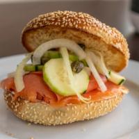 Lox Bagel · Cream cheese, cucumber, onion, cappers & salmon.
