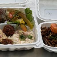 Combo Plate with Shawarma · Hummus, falafels, tabouleh, baba ghanoush, salad, dolma, pita bread, and your choice of meat.