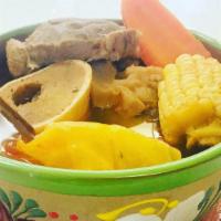 Caldo de Res ( Beef Soup) · Made with a flavorful beef bones and squash, corn, carrots, cabbage and potatoes hand made t...