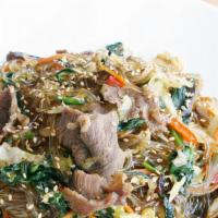 Jhap Chae · Stir-fried with beef, mushroom, julienned carrots, cabbage, and onions.