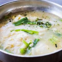 Rice Cake Soup · Sliced rice cakes with beef, scallions, and egg. Broth is made with kelp and vegetables.