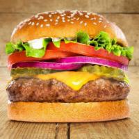 Cheeseburger · Grilled, juicy, all beef burger, melty American cheese, fresh lettuce, onions, tomatoes, pic...