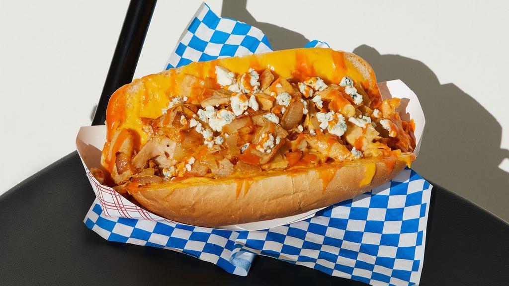 Buffalo Chicken Cheesesteak · Sliced chicken, melted cheese, grilled onions, buffalo sauce, blue cheese, hoagie roll.