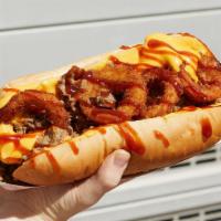 Bbq Chicken Cheesesteak · Sliced chicken, melted cheese, fried onion rings, BBQ sauce, hoagie roll.