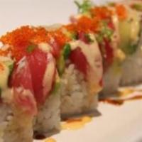 Red Dragon · In: fried shrimp, cucumber. Out: grilled unagi, fresh tuna, avocado, unagi sauce.