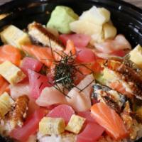 Bara Chirashi · Assorted sashimi chunks and eel pieces over 
vinegar rice.