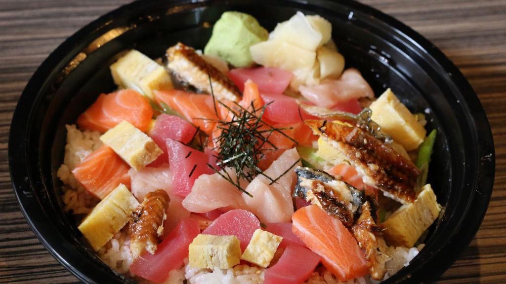 Bara Chirashi · Assorted sashimi chunks and eel pieces over 
vinegar rice.