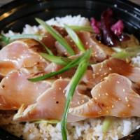 White Tuna Tataki Don · Seared white tuna sashimi over rice topped with wasabi and ponzu sauce.