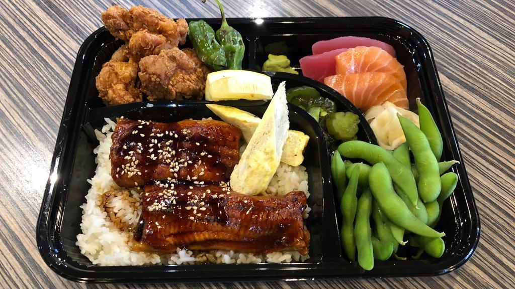 Unagi Bento · Eel over rice, fried boneless chicken, sashimi, and edamame. (no substitution)