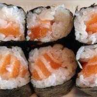Salmon Shioyaki Bento · Grilled salmon fillet over rice, fried boneless chicken, sashimi, and edamame. (no substitut...