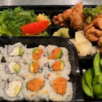 Sushi Roll Bento · California Roll, Spicy Tuna Roll, Chicken Karaage, seaweed salad, edamame and rice.  No Subs...