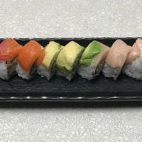 Rainbow Roll · Artificial crab, mayo, avocado, assorted sashimi.