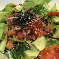 Sashimi Salad · Assorted sashimi chunks, avocado, seaweed salad over romaine lettuce with Japanese soy-based...