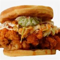Fried Chicken N' Waffle Sandwich · Fried chicken served on a buttermilk waffle and topped with coleslaw, pickles, and mayo.