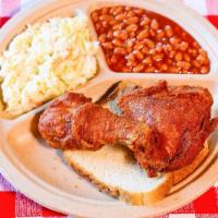 2 Piece Dark Plate · 1 Thigh and 1 Leg.  
Includes Baked Beans and Cole Slaw.
