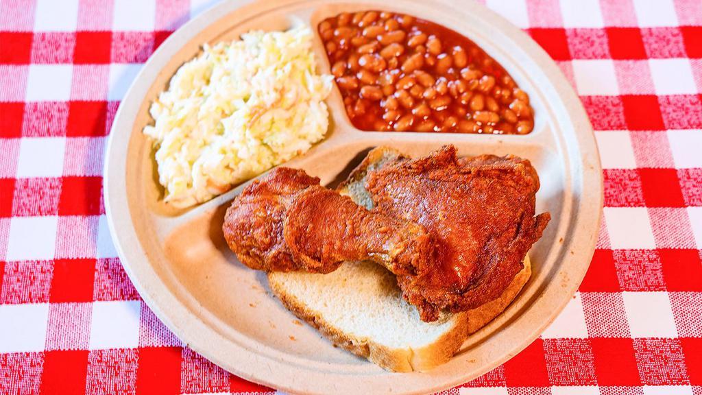 2 Piece Dark · Thigh and leg. Includes baked beans, slaw, and white bread. Serve fresh, never frozen, natural chicken, and fry everything in peanut oil.
