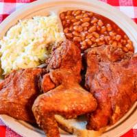 3 Piece White Plate · 2 Breasts and 1 Wing.  Includes Baked Beans and Cole Slaw.
