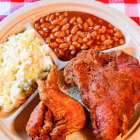 2 Piece White · Breast and wing. Includes baked beans, slaw, and white bread. Serve fresh, never frozen chic...