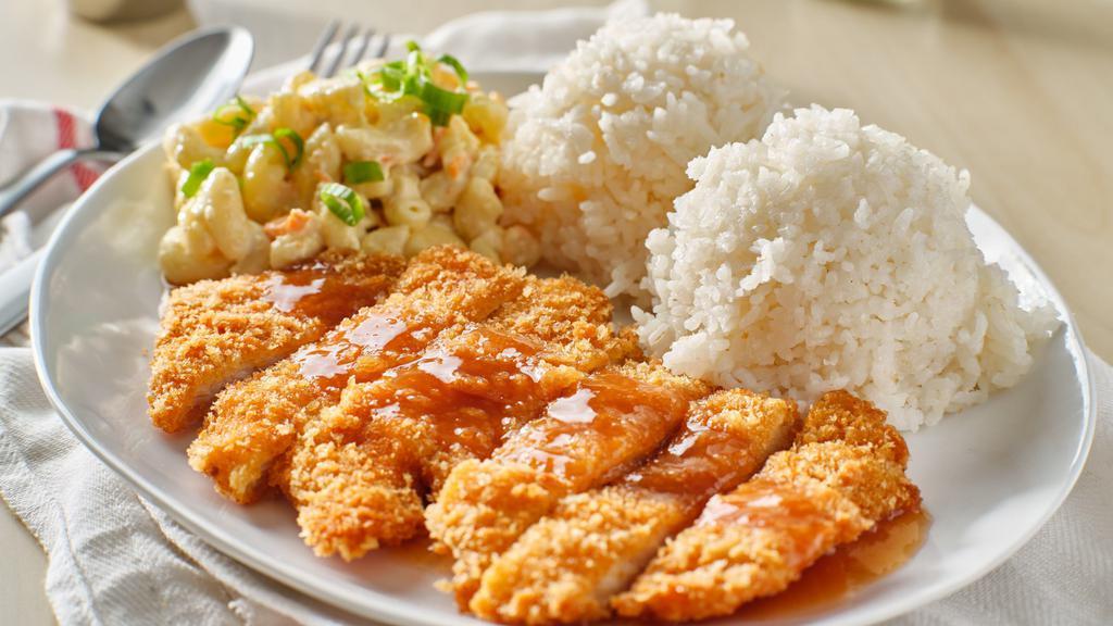 Chicken Katsu · Regular plate lunch includes 2 scoops of rice and 1 scoop of macaroni salad. Mini plate lunch includes 1 scoop of rice and 1 scoop of macaroni salad.