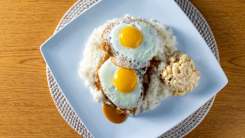 Loco Moco · Regular plate lunch includes 2 scoops of rice and 1 scoop of macaroni salad. Mini plate lunch includes 1 scoop of rice and 1 scoop of macaroni salad.