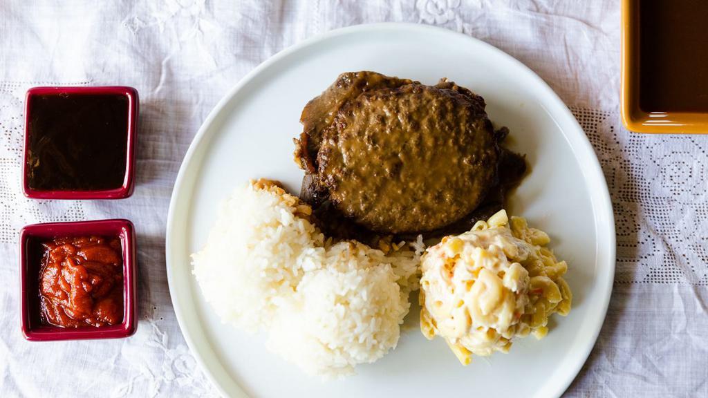 Hamburger Steak · Regular plate lunch includes 2 scoops of rice and 1 scoop of macaroni salad. Mini plate lunch includes 1 scoop of rice and 1 scoop of macaroni salad.