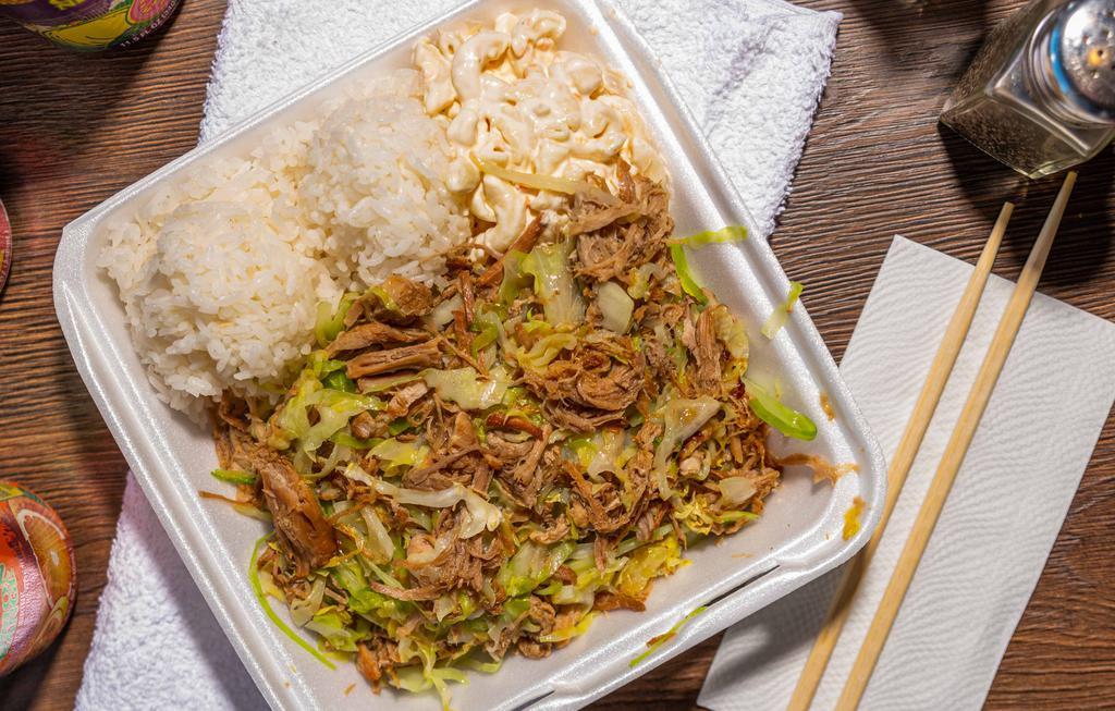 Kalua Pork With Cabbage · Regular plate lunch includes 2 scoops of rice and 1 scoop of macaroni salad. Mini plate lunch includes 1 scoop of rice and 1 scoop of macaroni salad.
