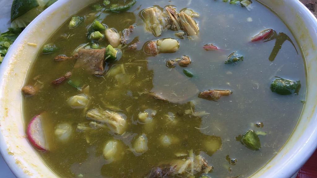 Pozole Verde · (house specialty) a special blend of chicken, pork, hominy, ham, and bacon in a green stew made with chiles and tomatillos.
