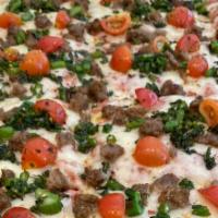 Italian Sausage & Broccolini (Large) · Sweet Italian sausage, house red sauce, red chili flakes, creamy mozzarella, broccolini, mar...