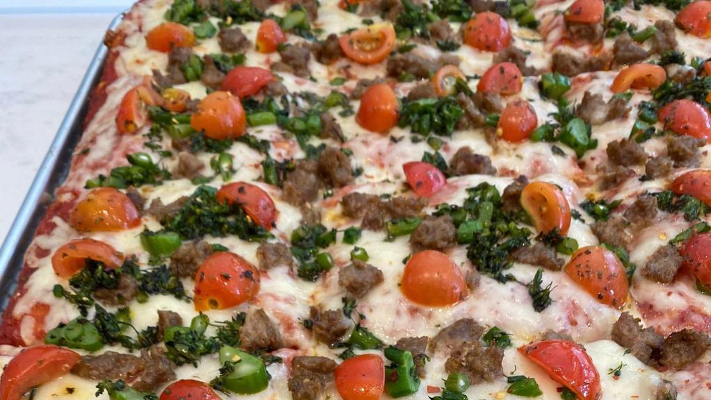 Sausage & Broccolini · Sweet Italian sausage, broccolini, marinated tomatoes, house red sauce & creamy  mozzarella