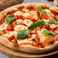 Pizza Fiordi late · Margherita sauce with fior di latte mozzarella cheese, topped with freshly sliced Tomatoes (...