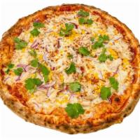 BBQ Chicken Pizza · Corn, red onions, cilantro, and roasted chicken breast with mozzarella cheese.