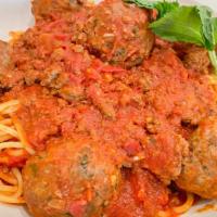 Spaghetti and Meatballs · Spaghetti Pasta in Marinara sauce, topped with Meatballs made with Fresh Ground Beed, Garlic...