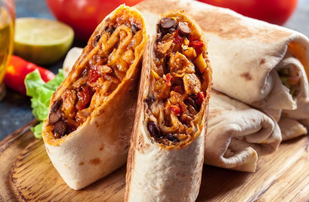 Regular Buritto · Flour tortilla stuffed with rice and choice of beans served  with your choice of protein. Comes w/ Chips & Salsa