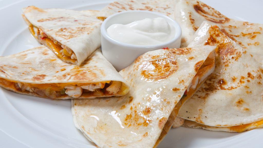 Regular Quesadilla · Flour tortilla stuffed with shredded Bellissimo mozzarella cheese, Pico de Gallo and your choice of protein. Comes w/ Chips & Salsa