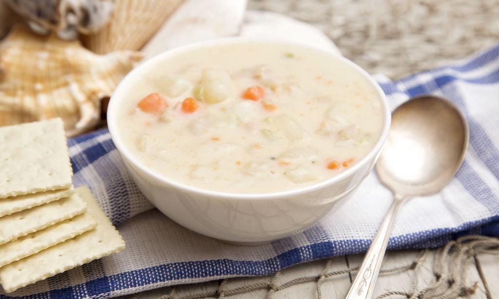 Clam Chowders · A delicious rich base of clams, carrots, celery, unsalted butter, flour, yellow potatoes, fresh minced garlic, bay leaves, milk, salt and pepper